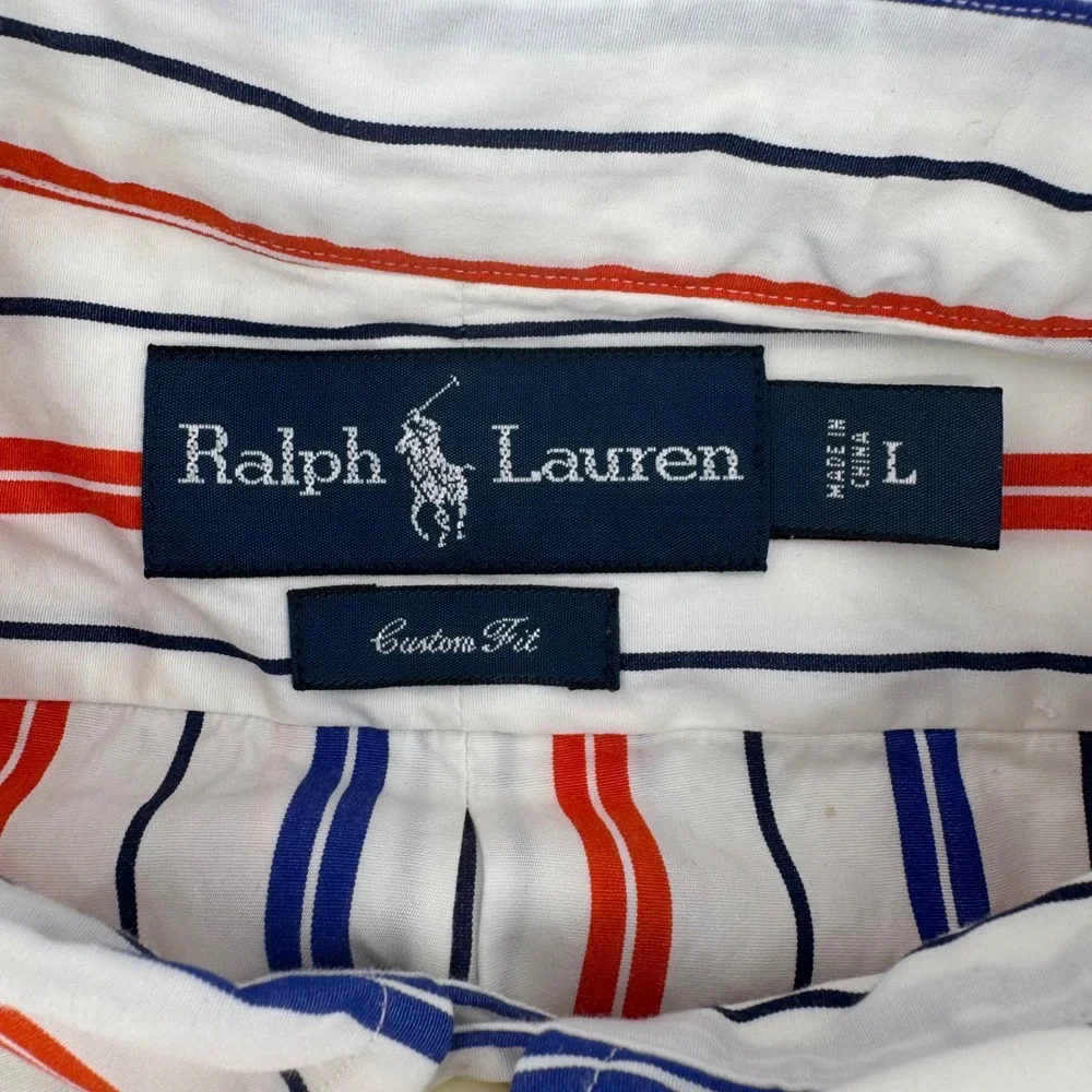Ralph Lauren Mens Custom Fit Striped Button Down Shirt White Red Blue Large